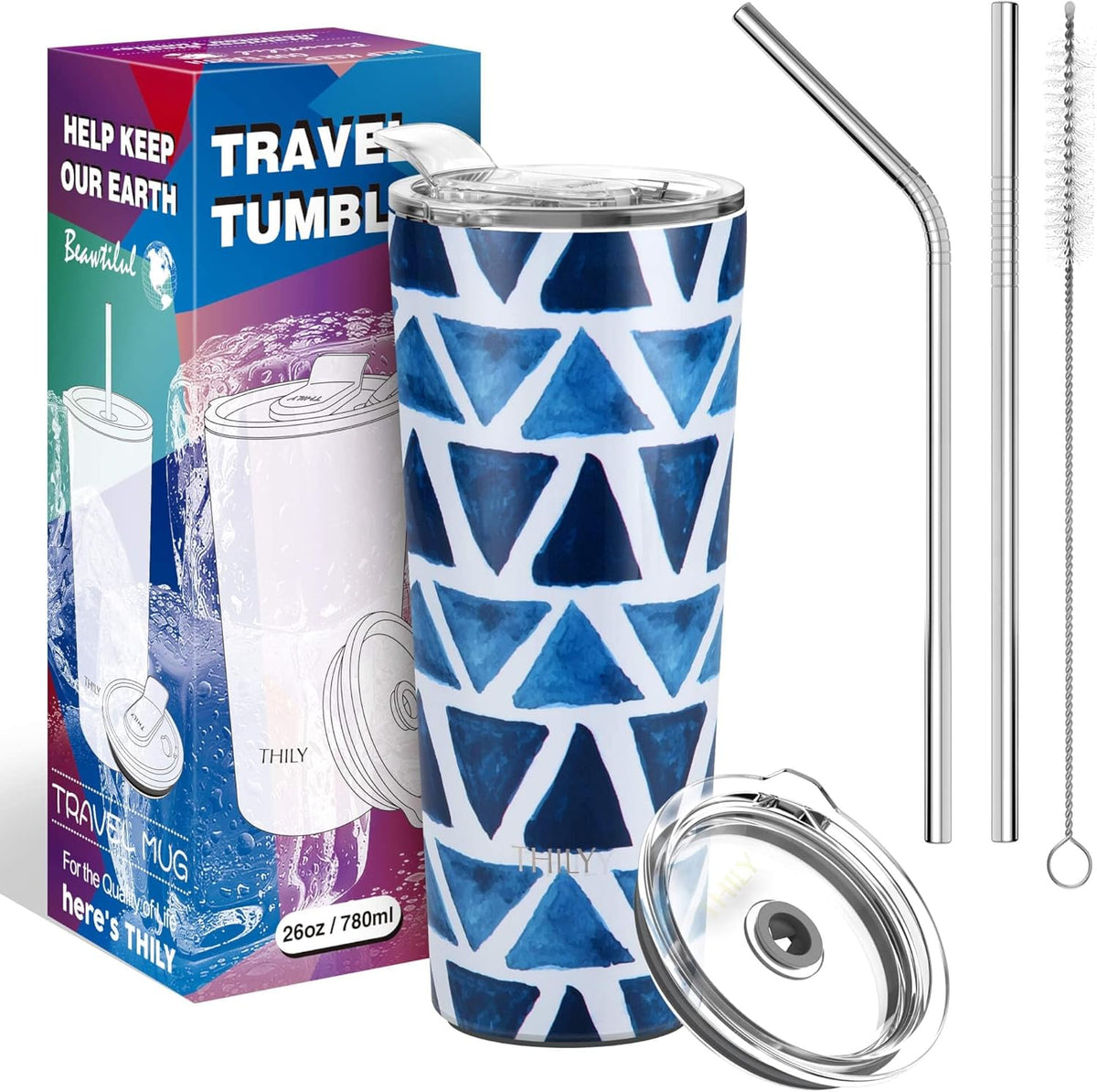 THILY Tumbler Stainless Steel Coffee Cup 26 oz Triple-Insulated Travel Mug with Splash-Proof Lid, for Iced Drinks and Hot Beverage Smoothies Cup, Blue Triangle