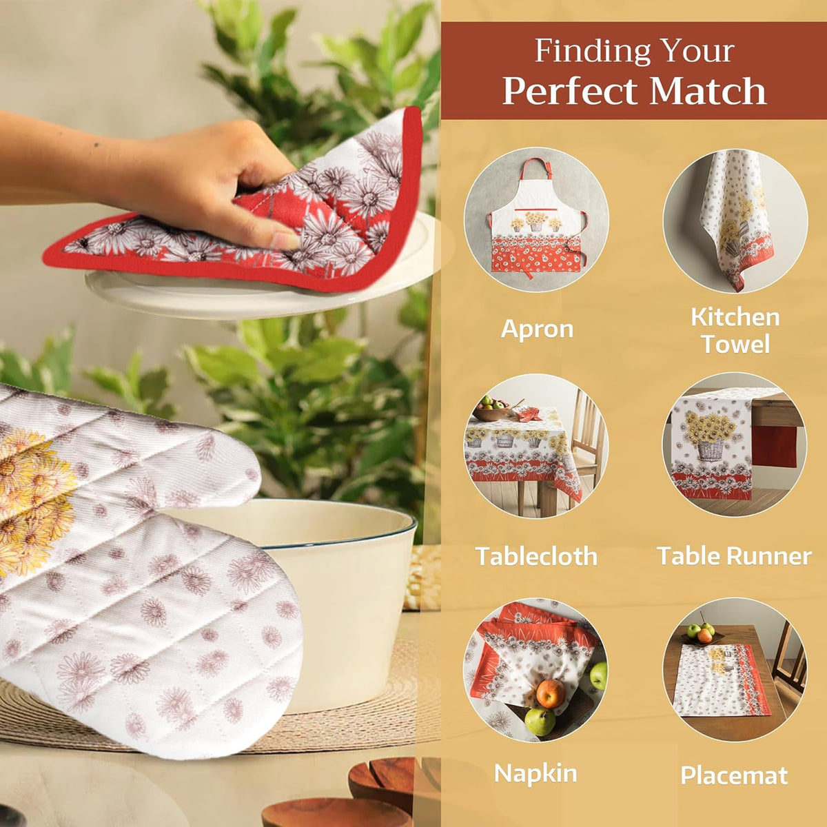 Maison d' Hermine Oven Gloves 100% Cotton Oven Mitt 7" x 13" with Loop Heat Resistant, BBQ, Cooking Gloves, Baking, Grilling, Kitchen, Handling Hot Pans (Pack of 1, Bagatelle)