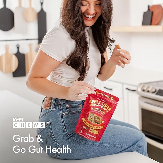 Apple Cider Vinegar Chews Better Than Apple Cider Gummies - Bloating Relief for Women and Men, 500mg Organic ACV with Prebiotics & Postbiotics, Low Sugar, Caramel Flavor, 30 Count