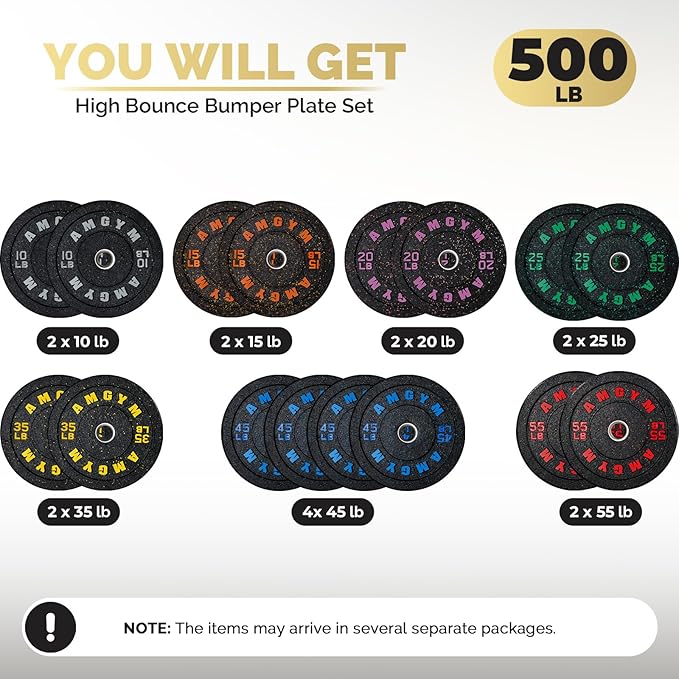 2 Inch Bumper Plates,10-500lbs,Barbell Rubber Olympic Weight Plates Set for Home Gym, Strength Training & Weight Lifting, Multiple Options Colors
