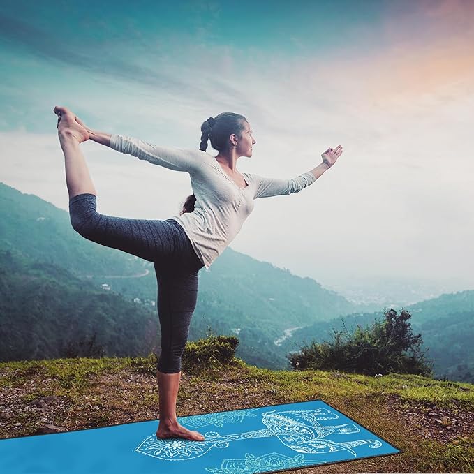QiyI Yoga Mat Towel with Corner Pockets, Non Slip Sweat Absorbent Hot Yoga Towels, Soft Yoga Blankets with Travel Bag, Skidless Mat Cover for Workout, Gym, Fitness - 70"x26", Blue Mandala Elephant