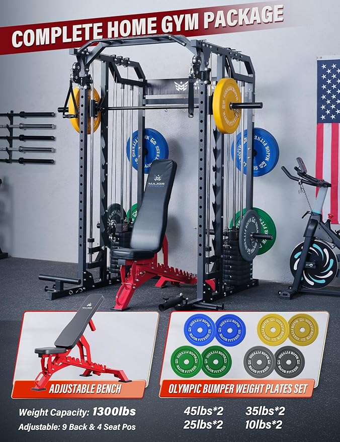 Major Fitness Drone2 Advanced Training Smith Machines– All-in-One Home Gym Squat Rack with Aluminum Pulley Set , Weight Bar, Dual LAT Pull-Down Systems & Cable Crossover Machine for Full-Body Workouts
