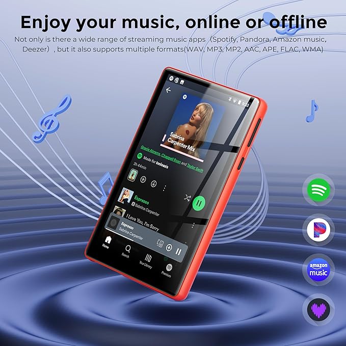 128GB MP3 Player with Bluetooth and WiFi,Music Video Player with Spotify Pandora,Amazon Music, 5" Touch Screen Android MP4 MP3 Player for Kids with Audible, YouTube, Spotify Kids,up to 256GB (Red)