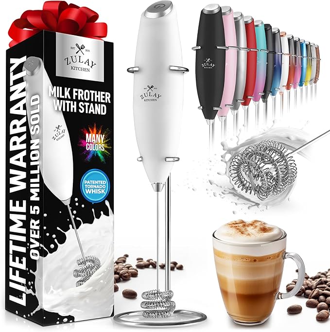 Zulay Kitchen Tornado Milk Frother Handheld Wand – Electric Coffee Frother with Triple Whisk & Stand – Hand Held Drink Mixer for Latte, Cappuccino, Matcha, Hot Chocolate, Protein Shakes – White