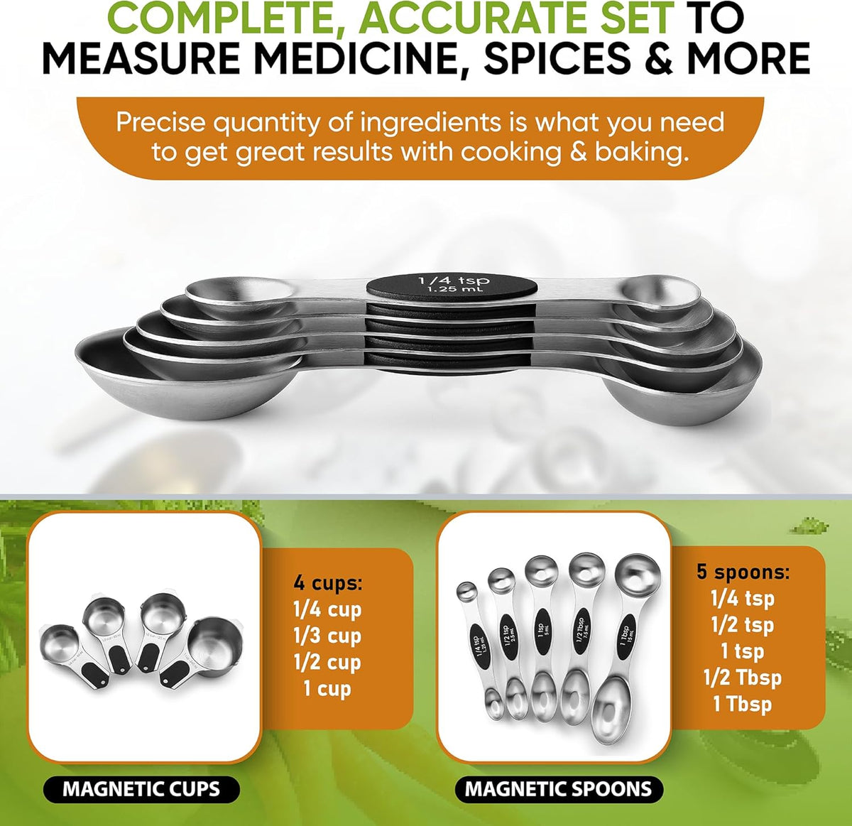 Spring Chef Magnetic Measuring Cups & Spoons Set (Patent Pending), Strong N45 Magnets, Heavy Duty Stainless Steel Fits in Spice Jars for Baking & Cooking, BPA Free, Round Set of 9, Black