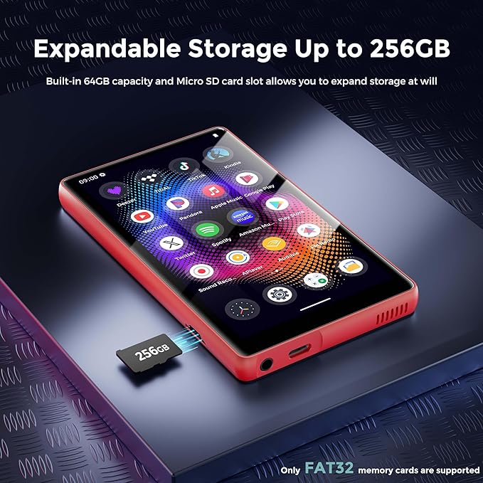 128GB MP3 Player with Bluetooth and WiFi,Music Video Player with Spotify Pandora,Amazon Music, 5" Touch Screen Android MP4 MP3 Player for Kids with Audible, YouTube, Spotify Kids,up to 256GB (Red)