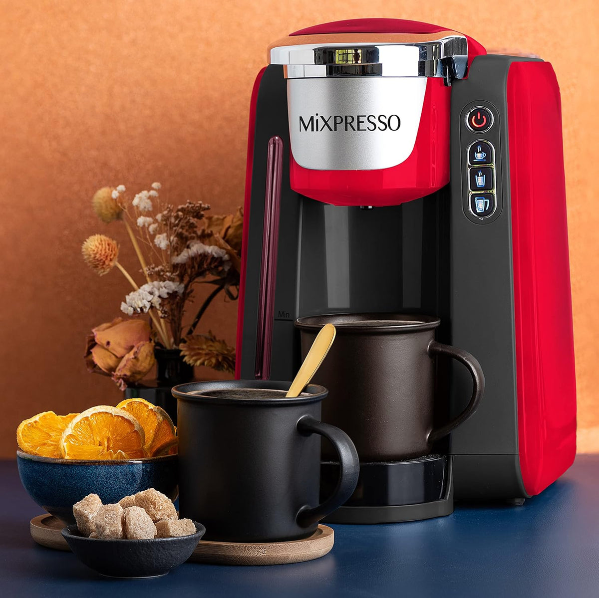 Mixpresso Single Cup Coffee Maker Compatible With 1.0 & 2.0 Single Cup Pods, Removable 45oz Water Tank, Quick Brewing with Auto Shut-Off, One Touch Function (Red/Black)