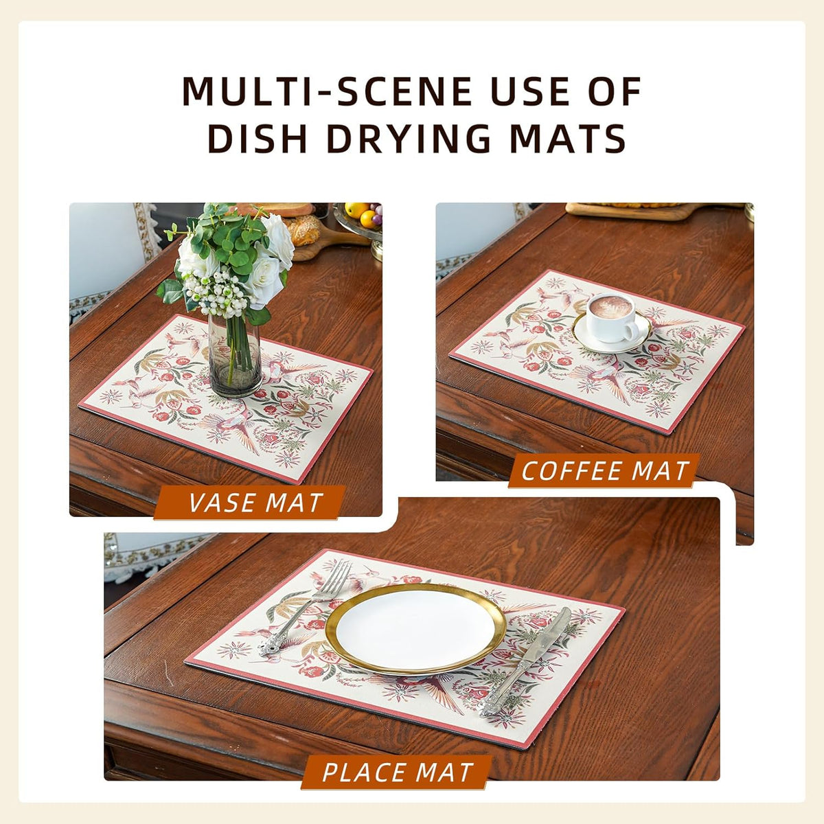 Dish Drying Mat Coffee Mat Rubber Backed Soft Silicone Dish Drying Mat for Kitchen Counter or Sink for Kitchen Bathroom Coffee Bar (Birds and Flowers, 16 x 24 Inches)