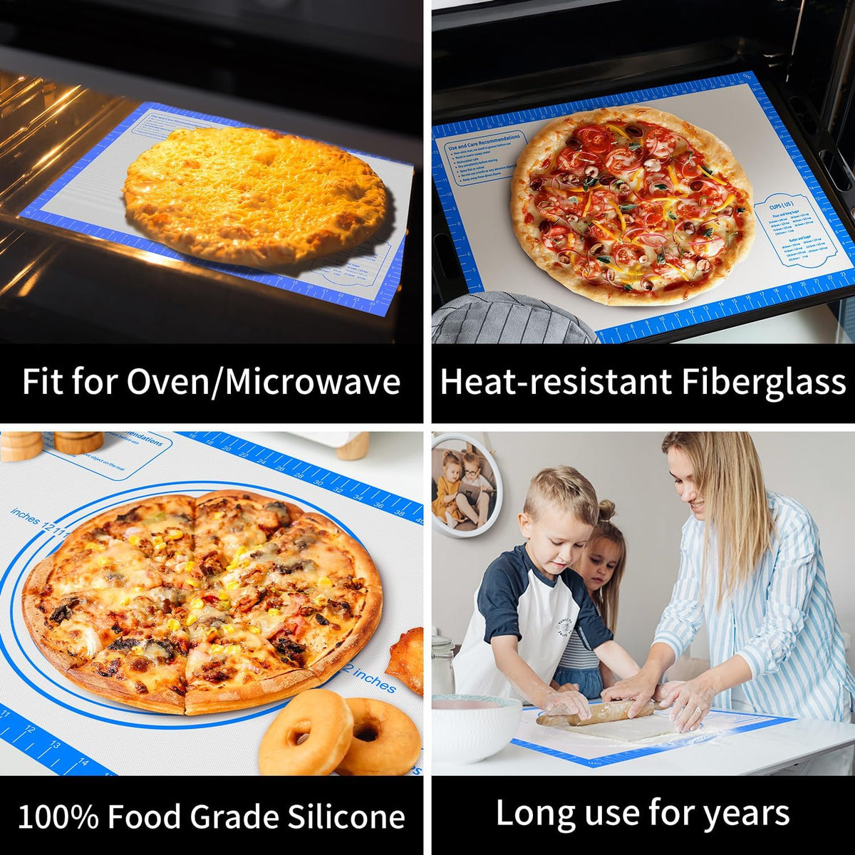Silicone Pastry Mat for Dough Rolling,Silicone Baking Mat with Measurement for Baking Pie Crust, Pizza & Cookies, Non stick & Non Slip Silicone Mat