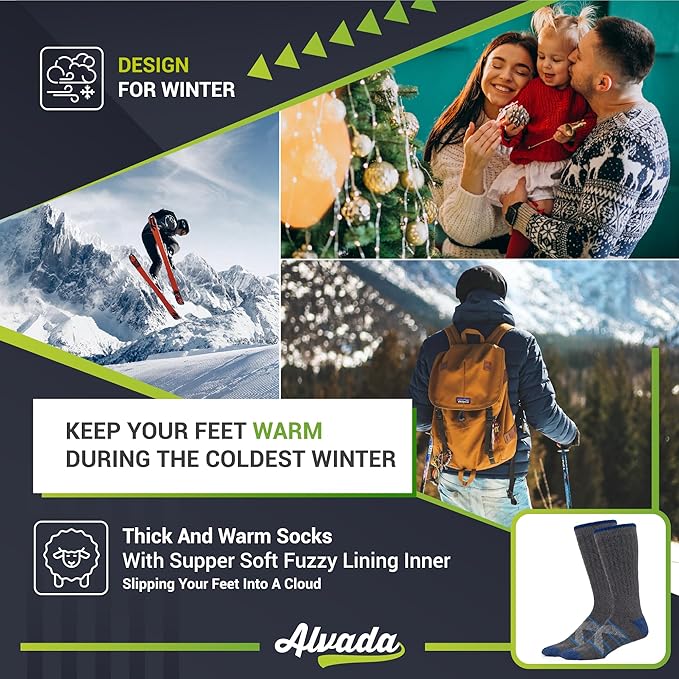 Alvada Merino Wool Hiking Socks Thermal Warm Crew Winter Boot Sock For Men & Women 3 Pairs