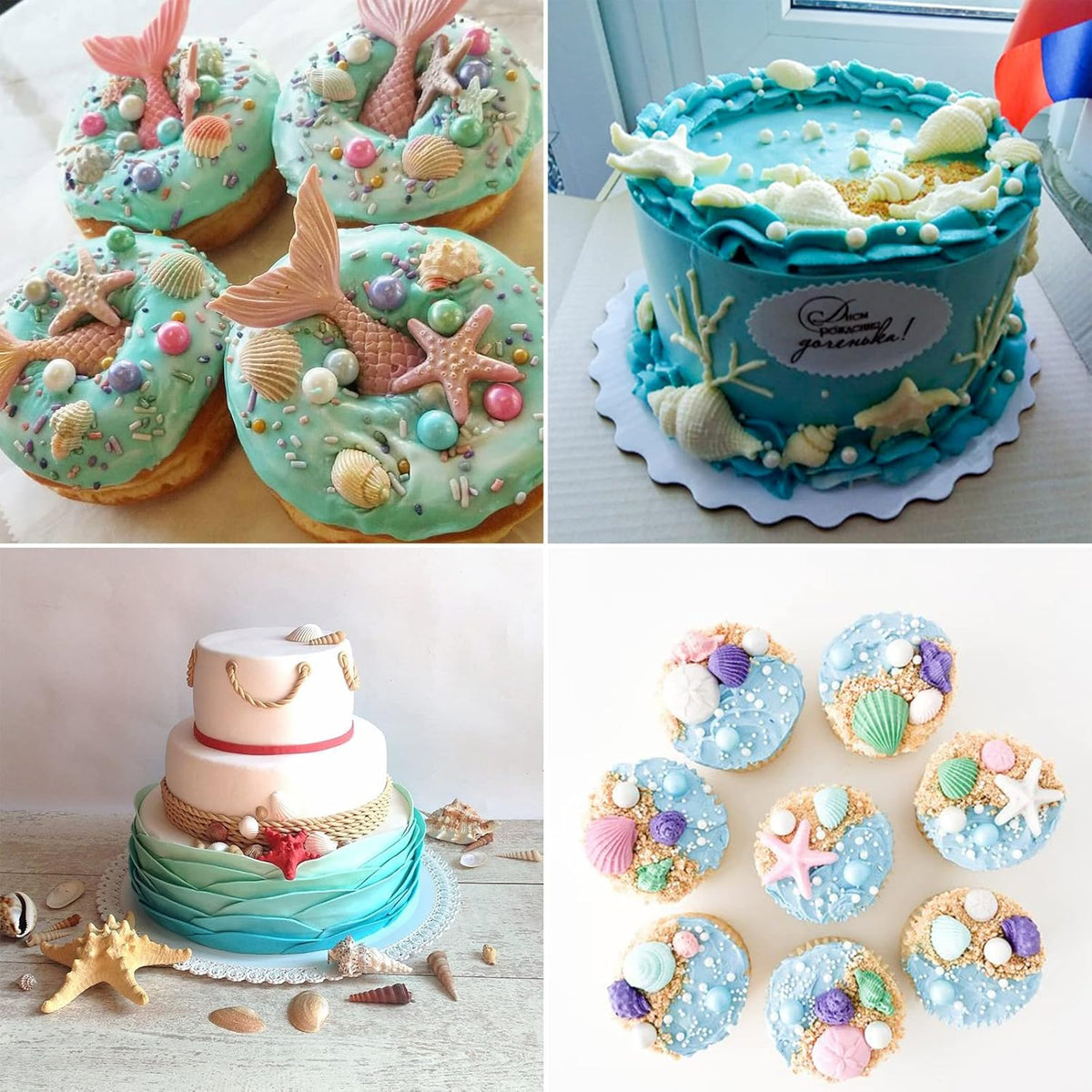 MEMOVAN Marine Theme Fondant Molds 4pcs Seashell Conch Starfish Silicone Baking Mold for Under the Sea Ocean Marine Cake Cupcake Decoration Chocolate Candy Soap Resin Clay Crafting