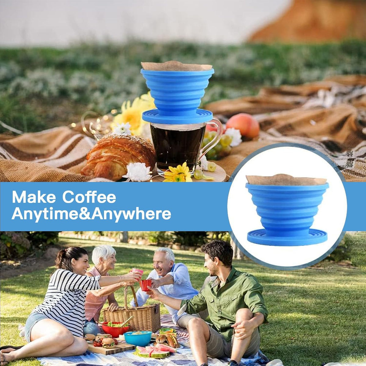 Collapsible Pour Over Coffee Dripper Set - Silicone Reusable Cone Filter Holders with 100Pcs Paper Filters - For Home, Camping, Travel, Office (1, Blue)