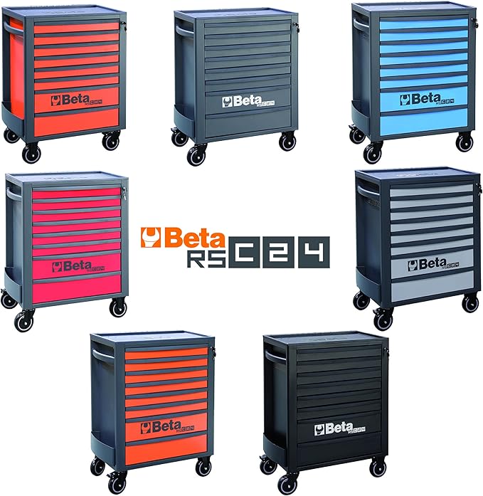 Beta RSC24 Heavy Duty Rolling Tool Cabinet, 8 Drawers, Grey, Ball Bearing Slides, Rubber Mat Liners, 5" Casters, Anti-Fall Edge Worktop, 1760 lbs Load Capacity, Made in Italy