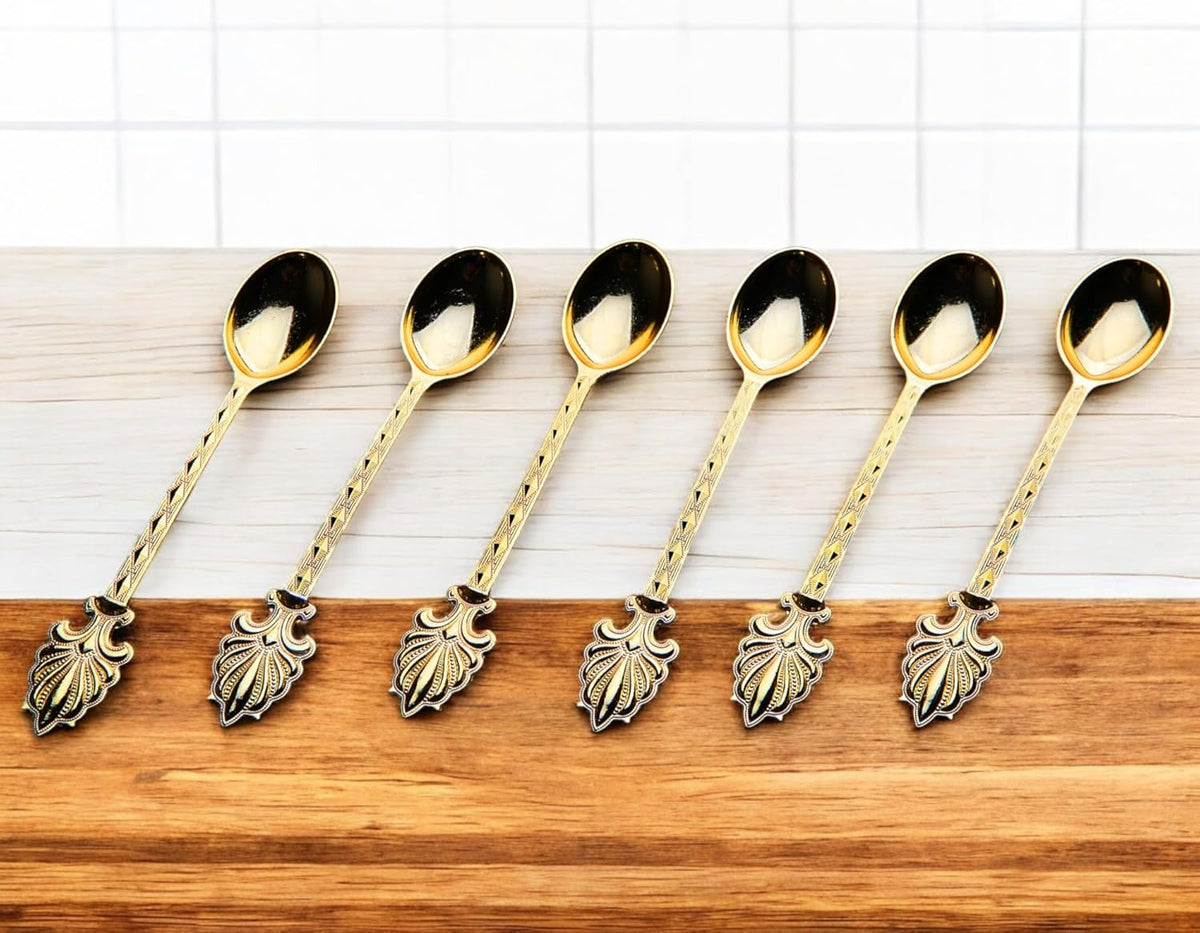 Alisveristime Turkish Tea Spoons Set – 6-Piece Zamac Ottoman-Style Decorative Spoons for Tea & Coffee (4.3”) (Gold)