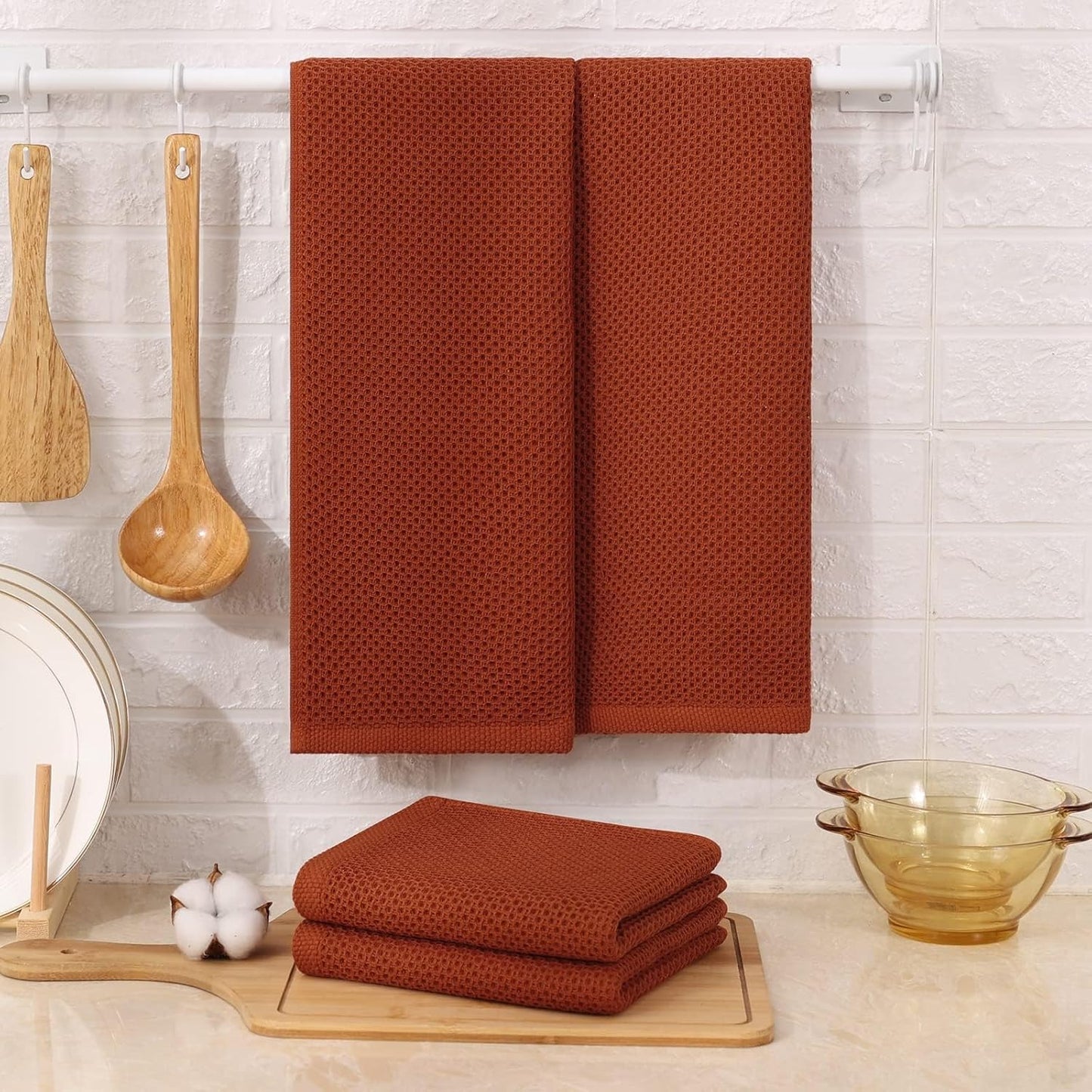Kitinjoy 100% Cotton Waffle Weave Kitchen Towels, 6-Pack Super Soft and Absorbent Dish Towels for Drying Dishes, Kitchen Hand Towels, 13 in x 28 in, Rust
