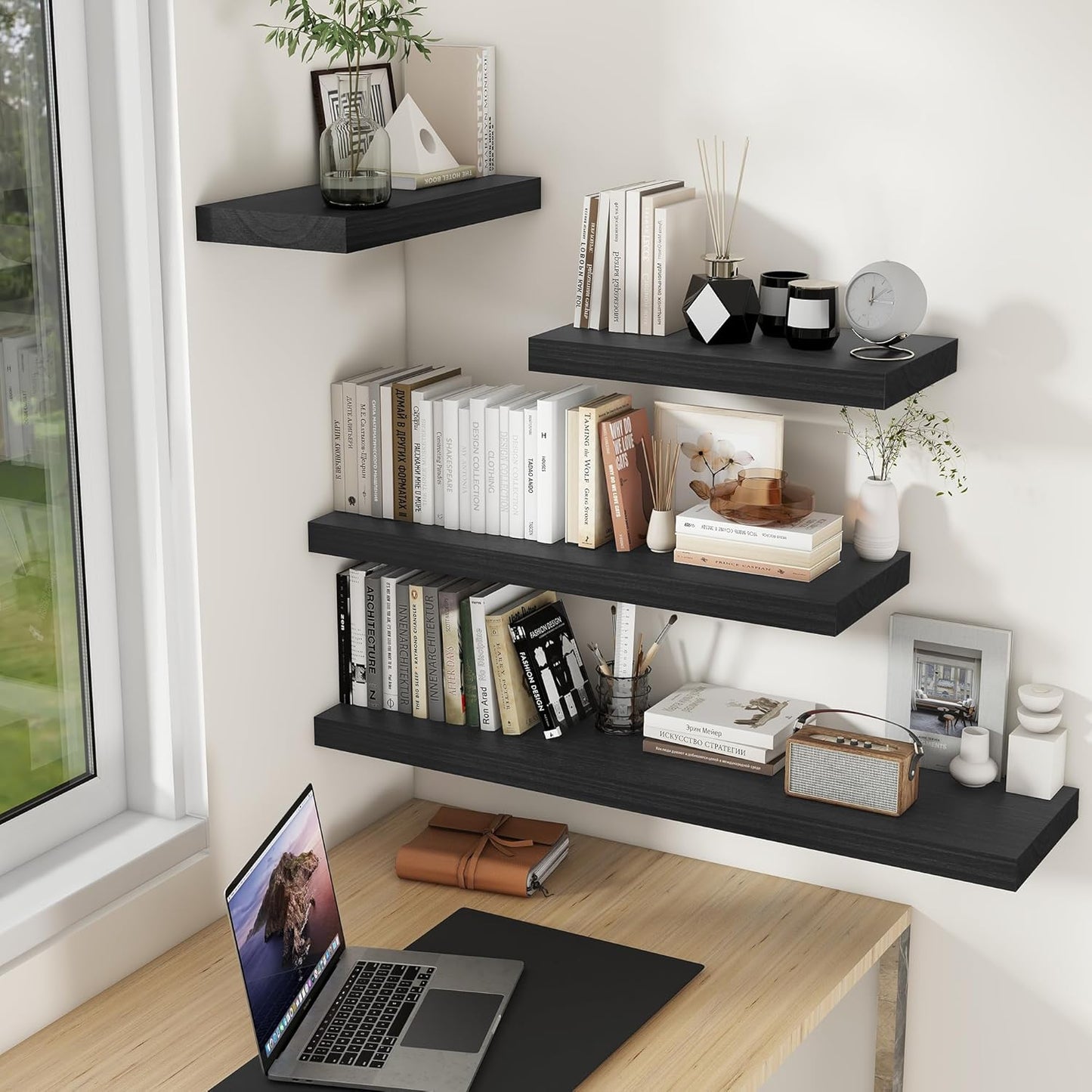 9.3 Inch Deep Floating Shelves, Black Solid Wood Floating Shelf Wall Mounted, 36 x 9 Large Display & Storage Shelves for Books, Living Room, Bathroom, Rustic Wooden Wall Shelves, Heavy-Duty, Set of 2