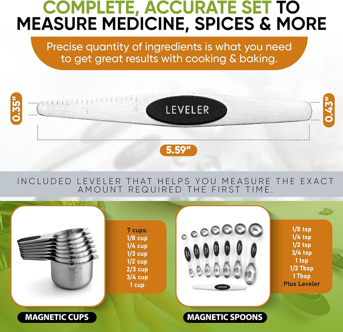 Spring Chef Magnetic Measuring Cups & Spoons Set (Patent Pending), Strong N45 Magnets, Heavy Duty Stainless Steel Fits in Spice Jars for Baking & Cooking, BPA Free, Round Set of 15 with Leveler, Black