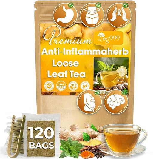 120 Tea Bags - Anti-Inflammaheb Loose Leaf Tea, 100% Natural from Ginger, Turmeric, Peppermint, Black Pepper, Cinnamon. Made with Natural Material Tea Bags. No Sugar, No Caffeine, No Gluten, Vegan.