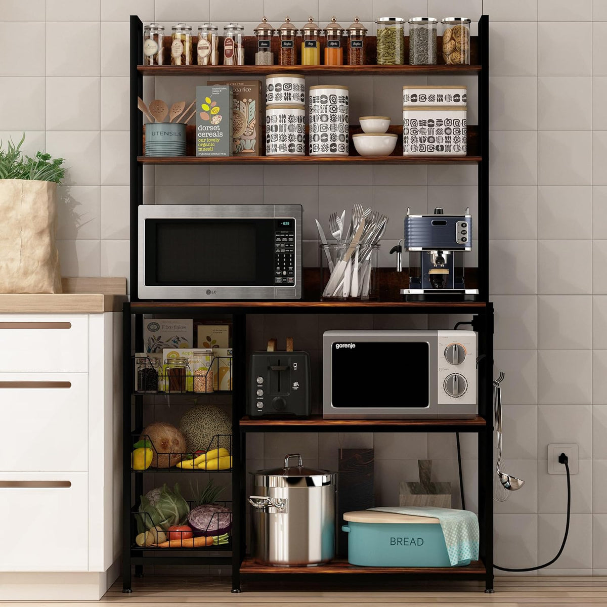 Bakers Rack with Baskets and Power Outlet, 5-Tier Kitchen Utility Storage Shelf with Hooks, Microwave Oven Stand Rack, Vintage Brown Free Standing Kitchen Shelf