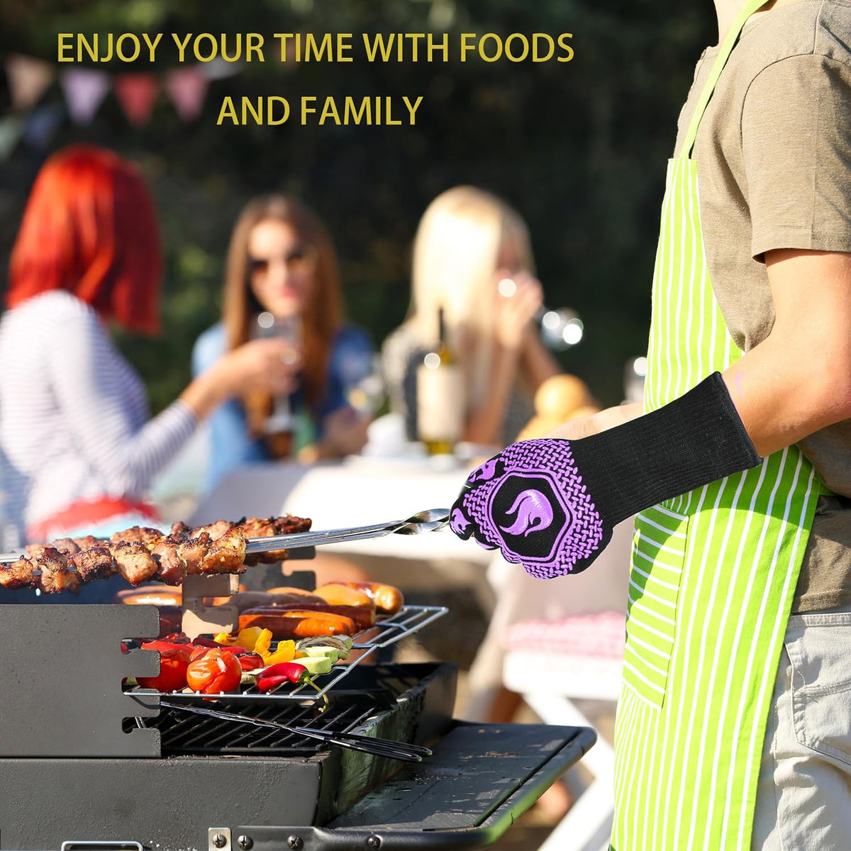 BBQ Fireproof Gloves, Grill Cut-Resistant Gloves 1472°F Heat Resistant Gloves, Non-Slip Silicone Oven Gloves, Kitchen Safe Cooking Gloves for Oven Mitts,Barbecue,Cooking, Frying,13.5 Inch-Purple