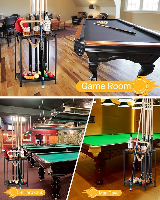 Billiards Pool Stick Holder - Pool Cue Rack Floor Stand & Ping Pong Paddle Holder Hardwood Pool Cue Holder for 12 Cues Sticks Pool Table Accessories Organizer (Black)