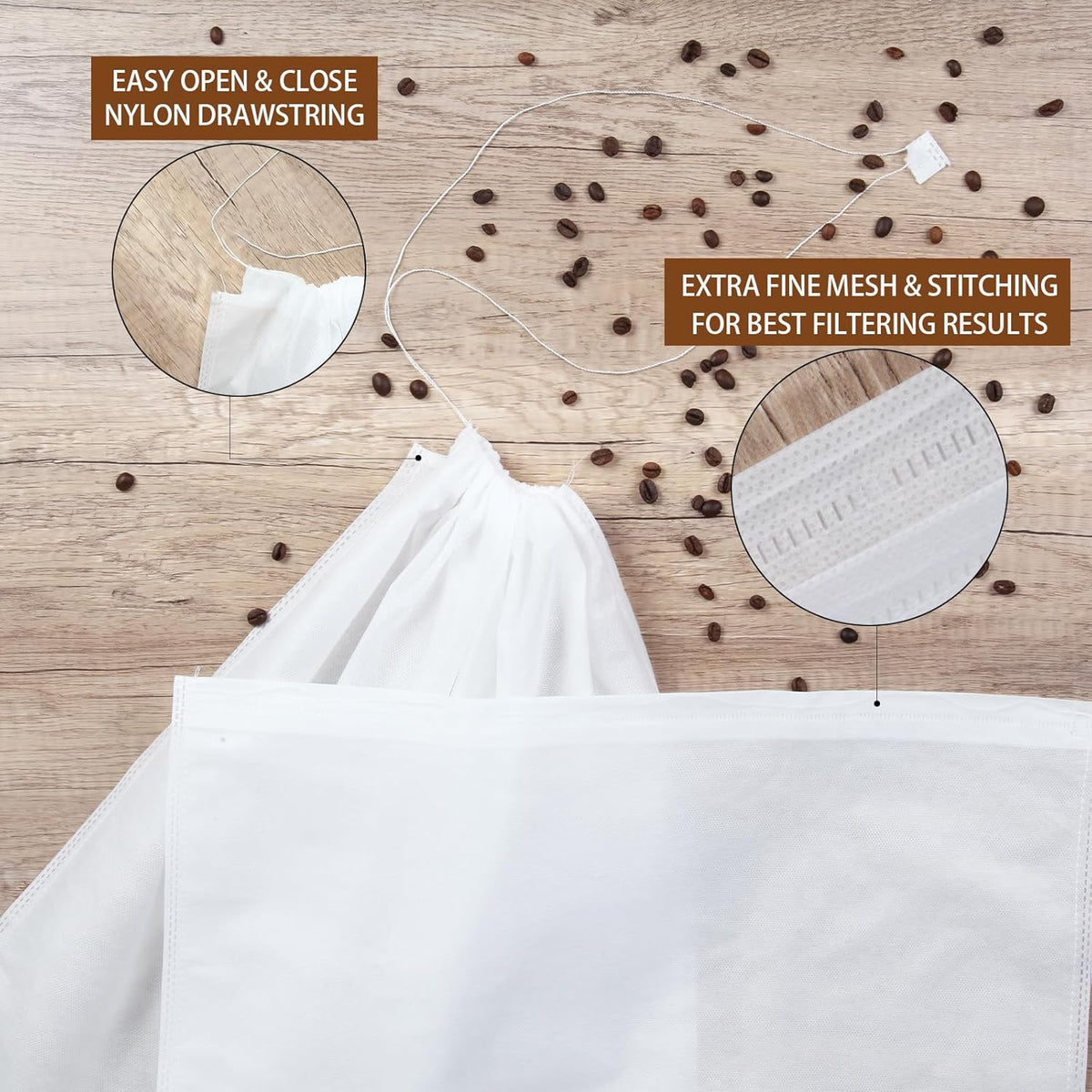 100Pcs Commercial Cold Brew Coffee Filters for 5 Gallon Buckets, 20" X 20" Disposable Coffee Filters with Drawstring for Brew Up To 5 LBS Coffee
