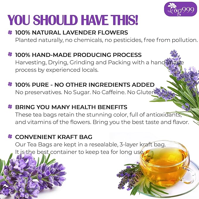 120 Lavender Flower Tea Bags, 100% Natural & Pure from Lavender Flowers. Loose Flower Lavender Herbal Tea. Lavender Flower Tea. No Sugar, No Caffeine, No Gluten, Vegan.