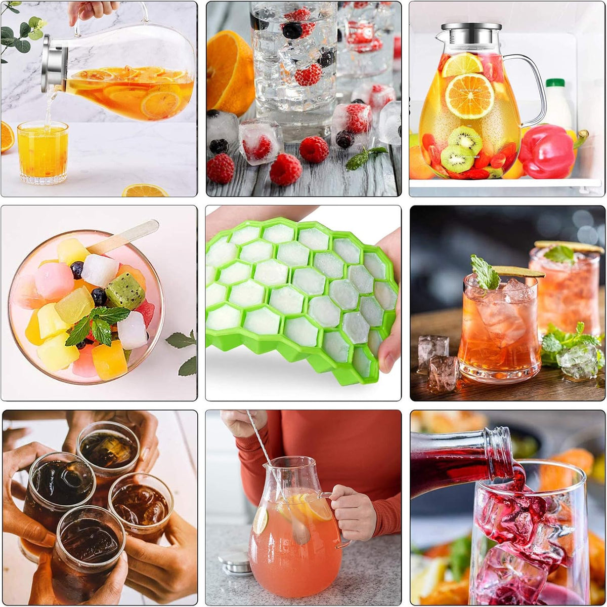 88oz Glass Pitcher with Lid and Handle - High Heat Resistance Glass Water Pitcher for Hot/Cold Water & Iced Tea with Ice Tray (2.6L)