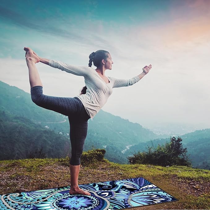 QiyI Yoga Mat Towel with Corner Pockets, Non Slip Sweat Absorbent Hot Yoga Towels, Soft Yoga Blankets with Travel Bag, Skidless Mat Cover for Workout, Gym, Fitness - 70"x26", Vintage Paisley