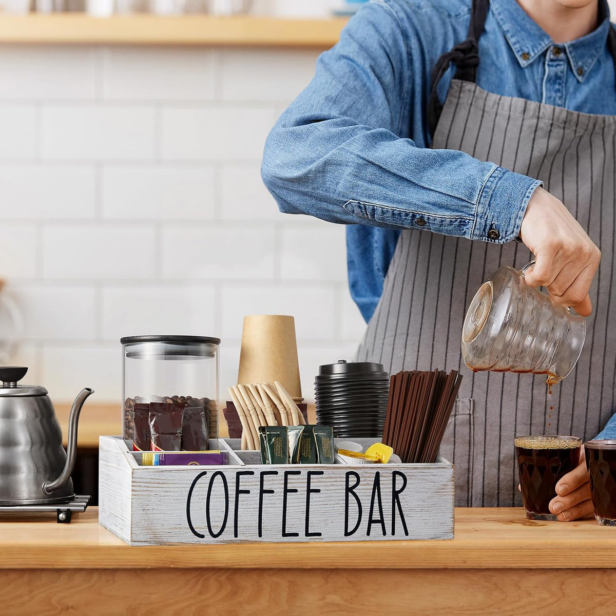 ALELION White Coffee Station Organizer for Countertop - 7 Compartments Rustic Coffee Bar Accessories and Organizer with Removable Dividers