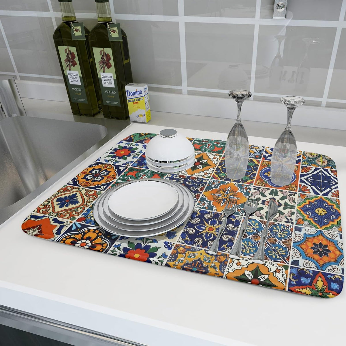 Talavera Mexican Tiles Dish Drying Mat for Kitchen Counter 18x24 Inch Mexican Flower Decorations Dish Draining Mat Mexican Tilt Fast Absorbent Tableware Dishes Pad for Coffee Bar Countertop