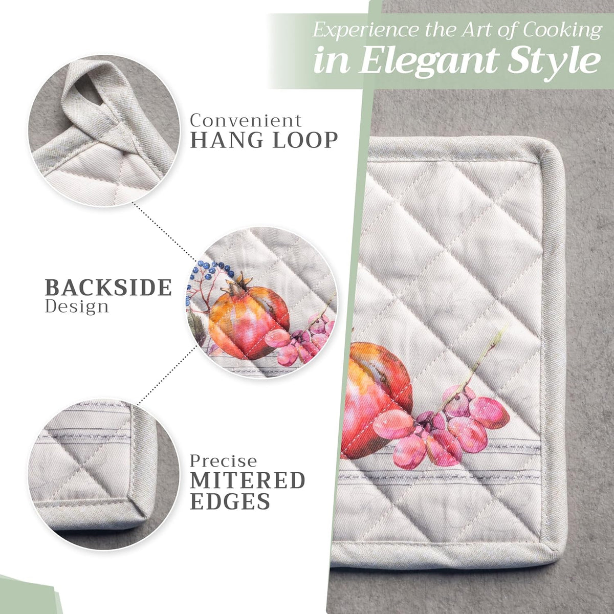 Maison d' Hermine 100% Cotton Oven Mitt & Pot Holder Set (7.5"x13" & 8"x8") Heat Resistant BBQ Cooking Gloves with Loop, Baking, Grilling, Kitchen, Handling Hot Pans (Fruit D'Hiver)