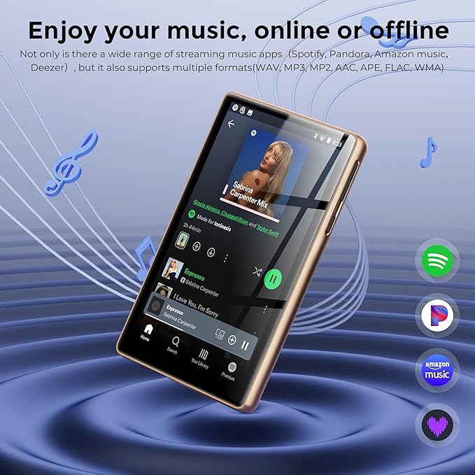 128GB MP3 Player with Bluetooth and WiFi,Music Video Player with Spotify Pandora,Amazon Music, 5" Touch Screen Android MP4 MP3 Player for Kids with Audible, YouTube, Spotify Kids,up to 256GB (Gold)