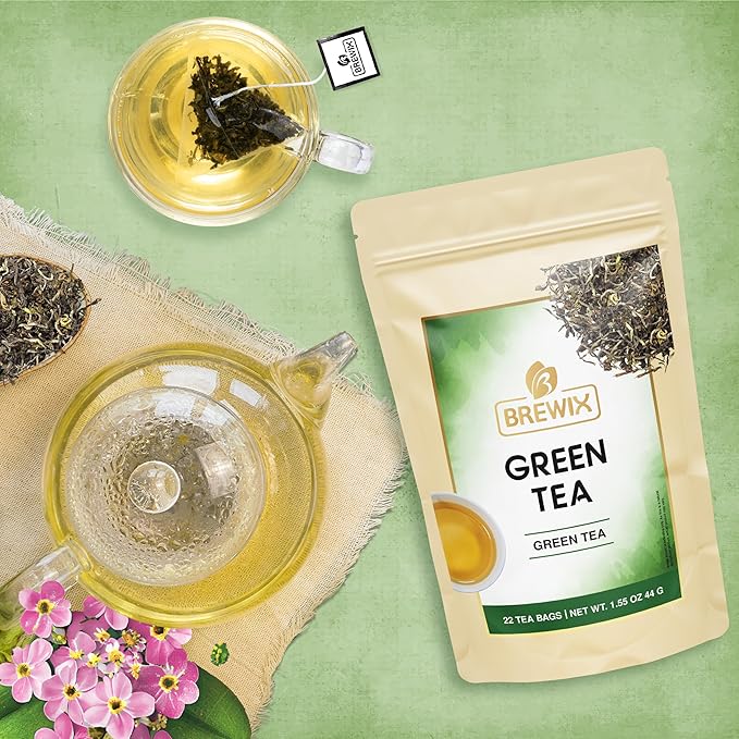 BREWIX, Green Tea (22 Pyramid Tea Bags) | Supports Overall Health, Natural & Pure High Grown Green Tea | Caffeinated & Gluten Free | Direct From India
