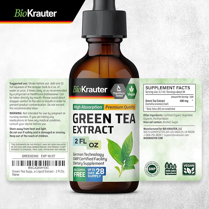 BIO KRAUTER Green Tea Extract Liquid Drops - Green Tea Supplements - Antioxidant Source - Alcohol and Sugar Free - 2 Fl.Oz.