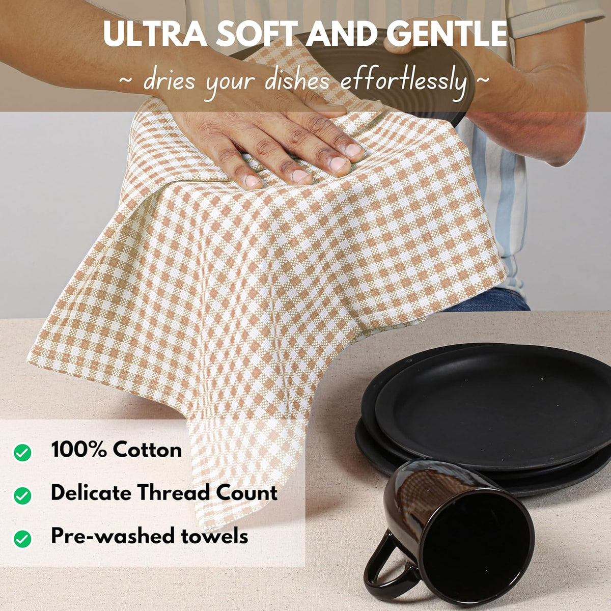 Native Fab Beige Gingham Kitchen Dish Towels 4 Pack 16"x26" - 100% Cotton Absorbent Plaid Tea Towels, Dish Cloths for Quick Drying, Reusable Dishcloth Set, Beige White