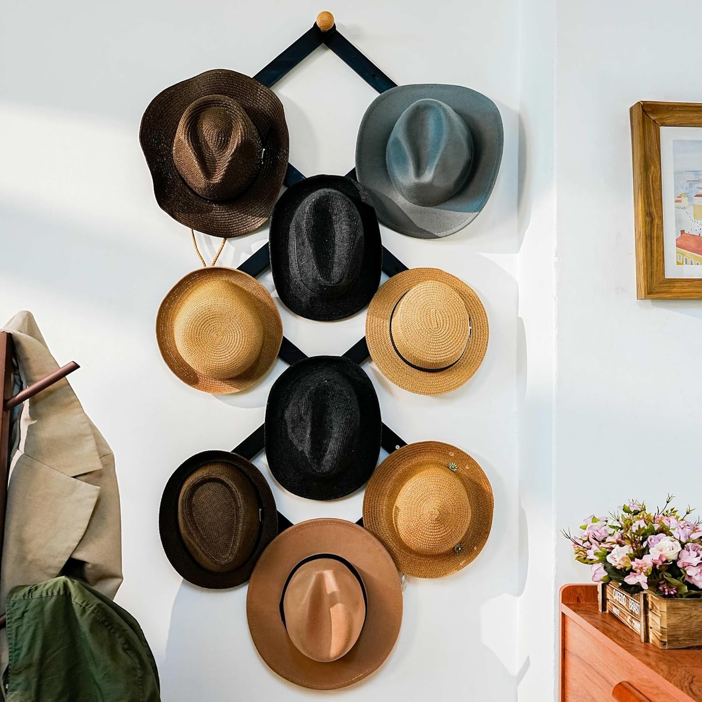 Dseap Expandable Coat Rack (Larger Version) - 24” High, Anti-Slip, Ultra Heavy Duty Wooden Accordian Wall Hanger with 10 Study Peg Hooks for Clothing Hats Jackets Bags, Grey