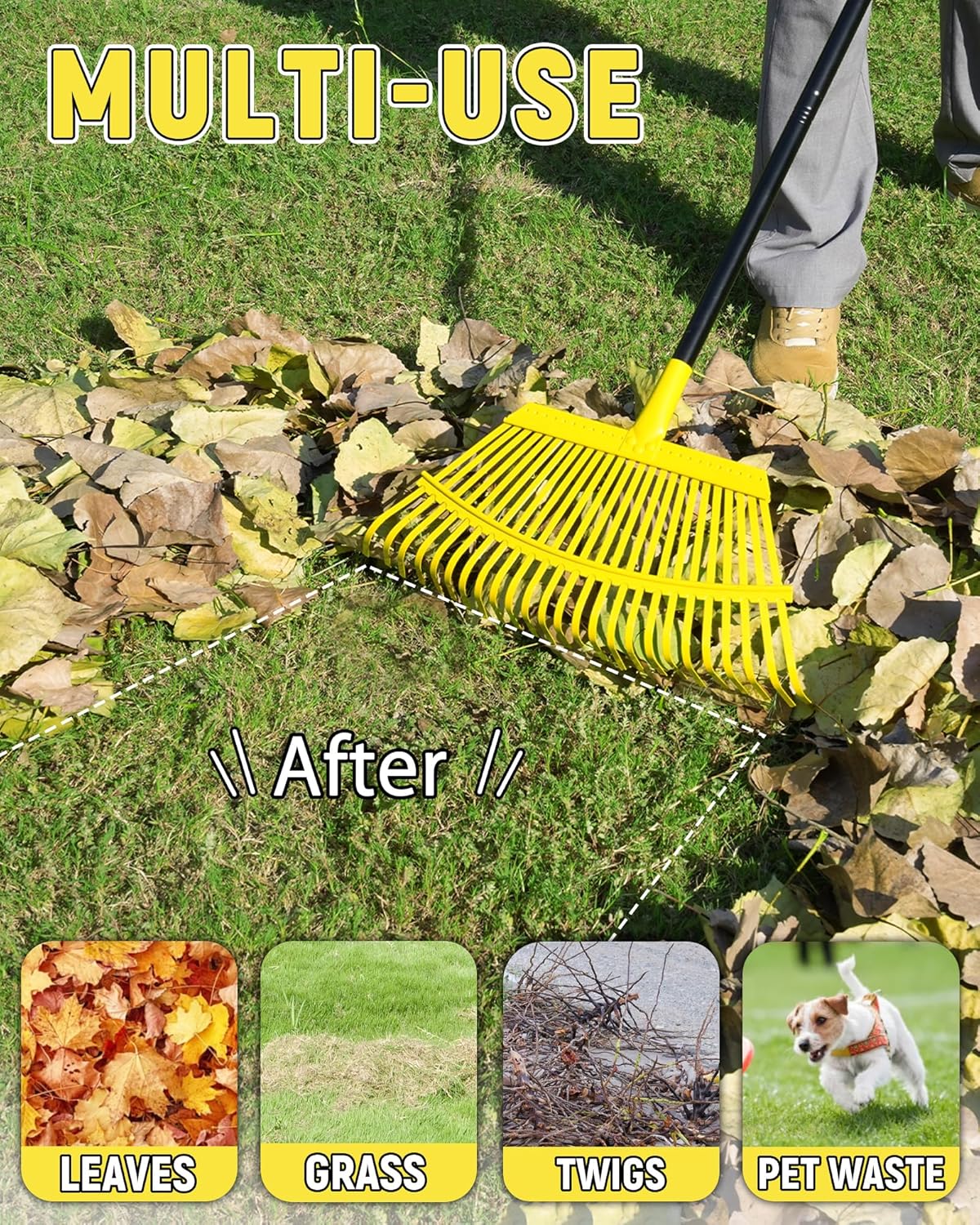 Garden Leaf Rake, 18” Wide Metal Rake with 25 Teeth, 62" Adjustable Long Handle, Heavy Duty Lawn Yard Tool for Leaves, Grass, Shrubs, Debris, Pine Needles, Garden Cleanup Tools for Backyard