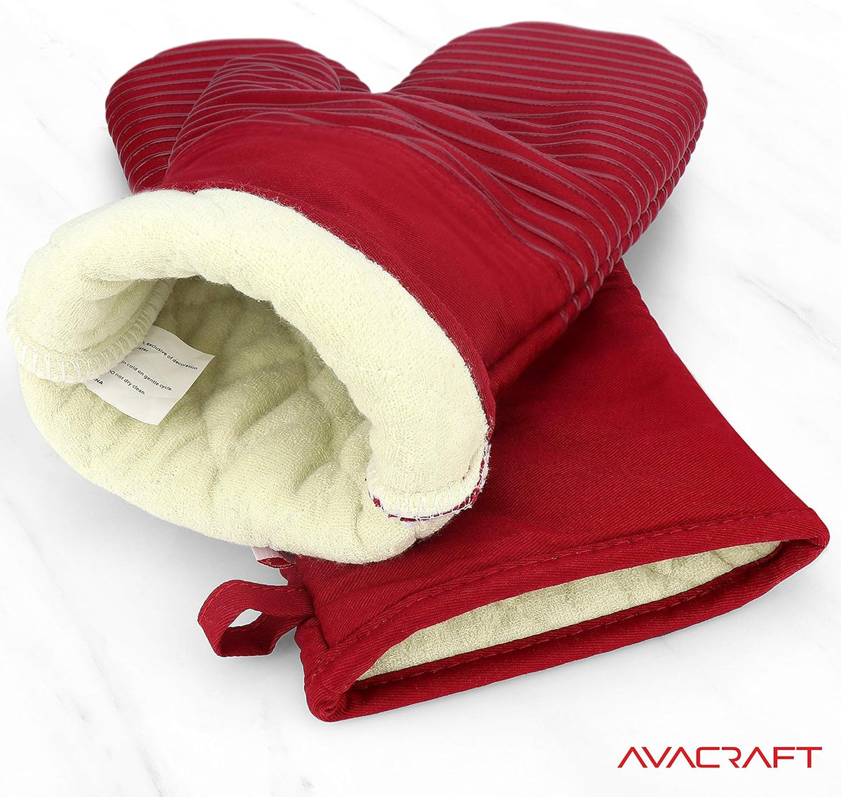AVACRAFT Oven Mitts Pair, Flexible, 100% Cotton with Unique Heat Resistant Food Grade Silicone, Thick Terry Cloth Interior, 500 F Heat Resistant (Red Oven Mitts)
