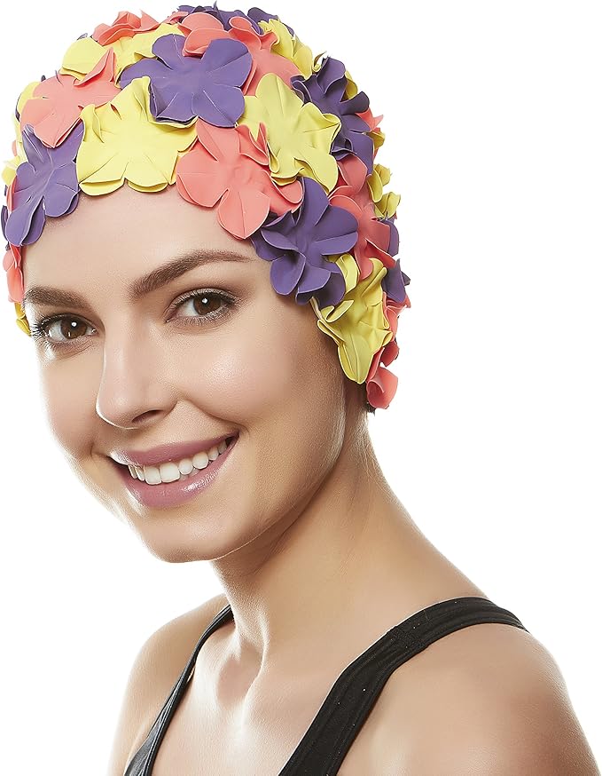 BEEMO Floral Petal Ladies Bathing Swim Cap Women Retro Swim Hat Long/Short Hair