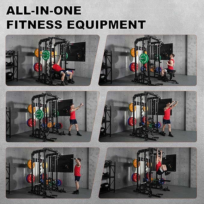 Smith Machine Home Gym with Aluminum Pulley Set- 2000lbs Capacity All-in-One Power Rack with Cable Crossover, Pull-Up Bar & Dip Station, Includes 18 Attachments, P107 Anvil