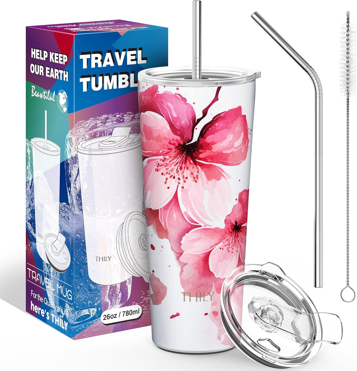 THILY Stainless Steel Vacuum Insulated Tumbler Travel Mug 26 oz Coffee Cup with 2 Lids and Straws, Splash Proof, Keep Ice Drinks Cold, Cherry Blossoms