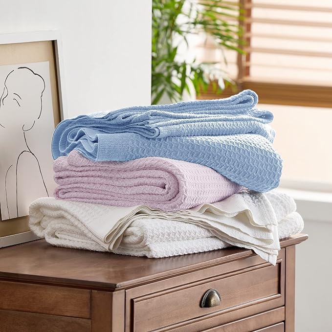 Bedsure 100% Cotton Blanket Twin XL Size for College Dorm - Breathable and Soft, Waffle Weave Twin Blanket for Summer, Dorm Room Essentials, Sky Blue, 66x90 inches