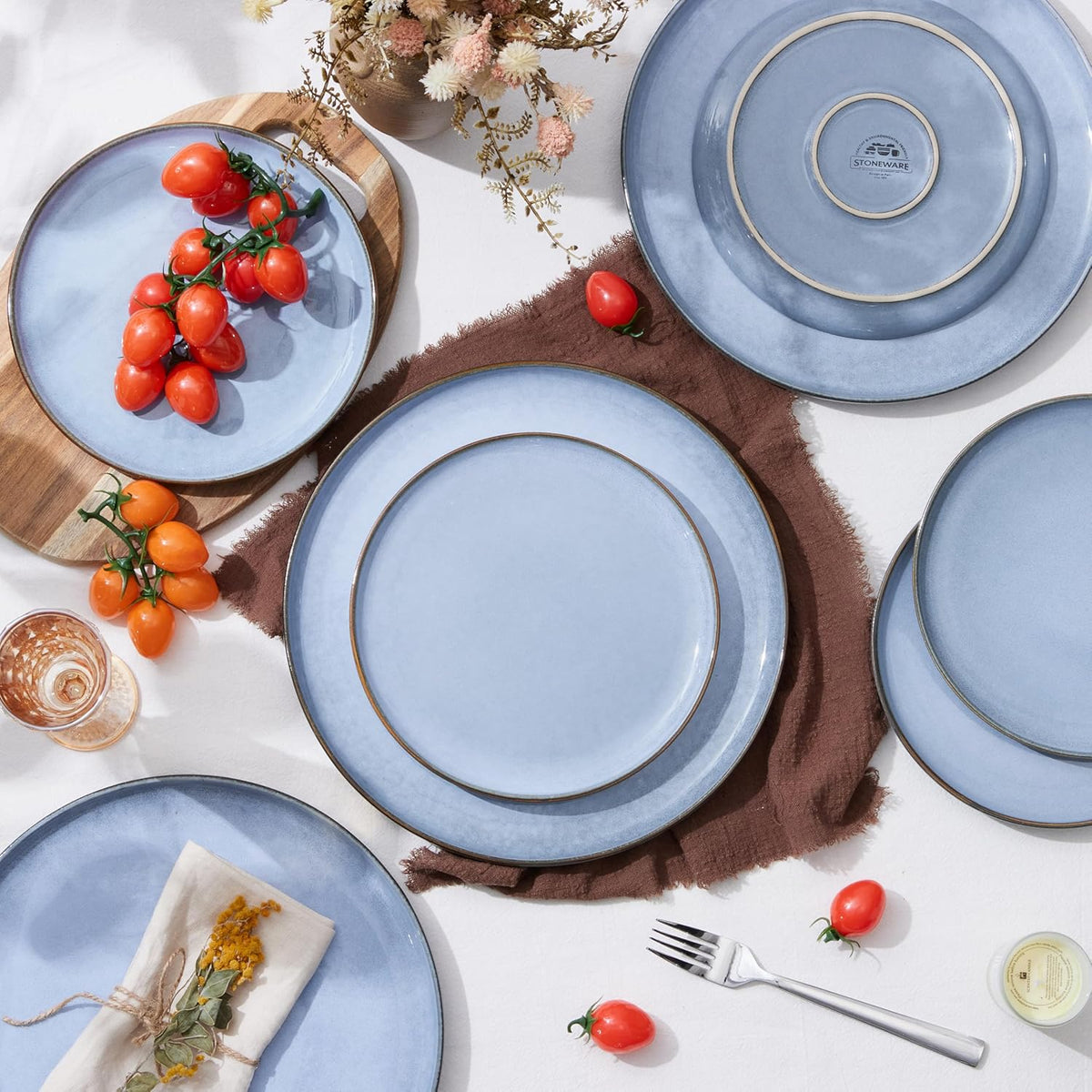 Herogo 6-Piece Stoneware Dinner Plates Set, 10.43" Ceramic Round Plate Set, Handmade Double Reactive Glaze Dinnerware Plates for Kitchen, Microwave, Oven and Dishwasher Safe, Haze Blue