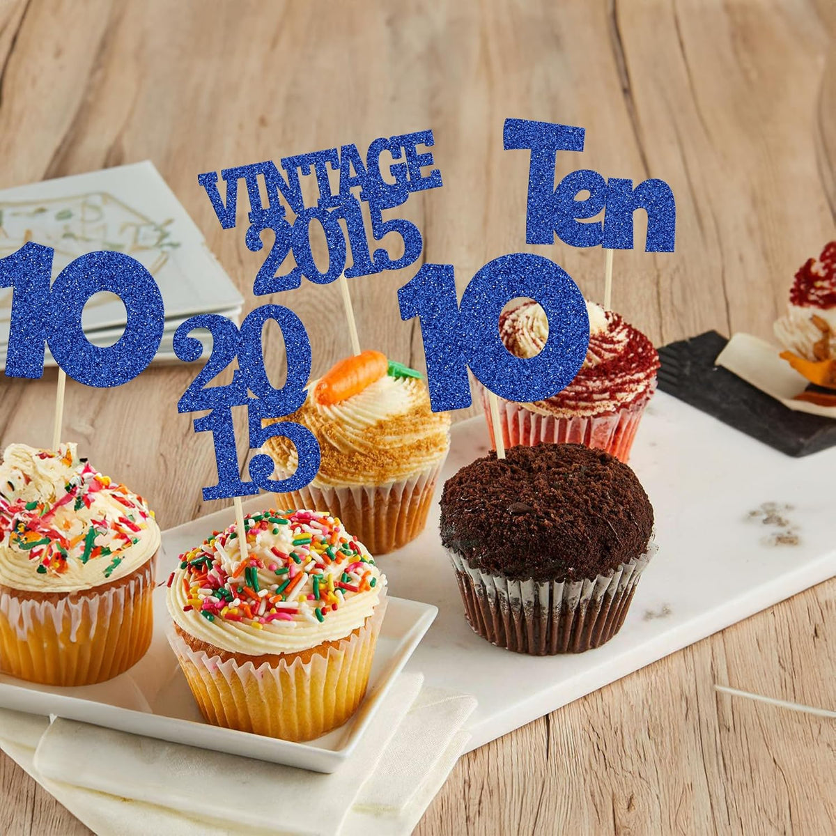 Gyufise 24Pcs 10th Birthday Cupcake Toppers Glitter Ten Vintage 2015 Double Digits 10 Cupcake Picks Birthday Cake Decorations for Happy 10th Birthday Anniversary Party Supplies Deep Blue