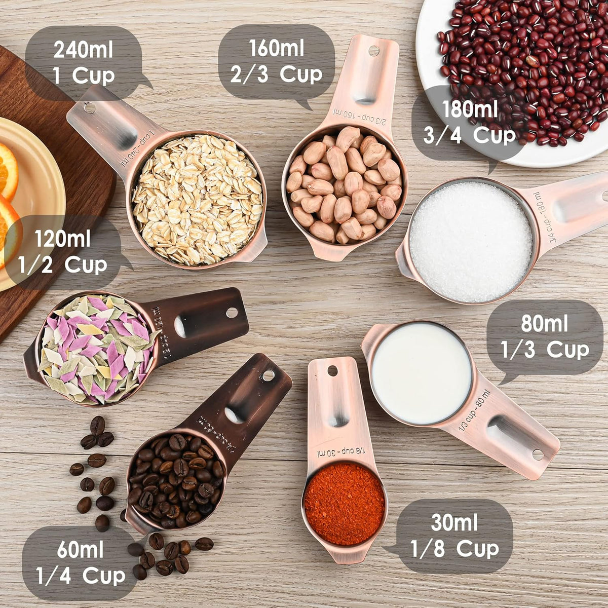 Copper Measuring Cups and Spoons - 17 Piece Set, 7 Cups and 9 Spoons with 1 Leveler for Kitchen