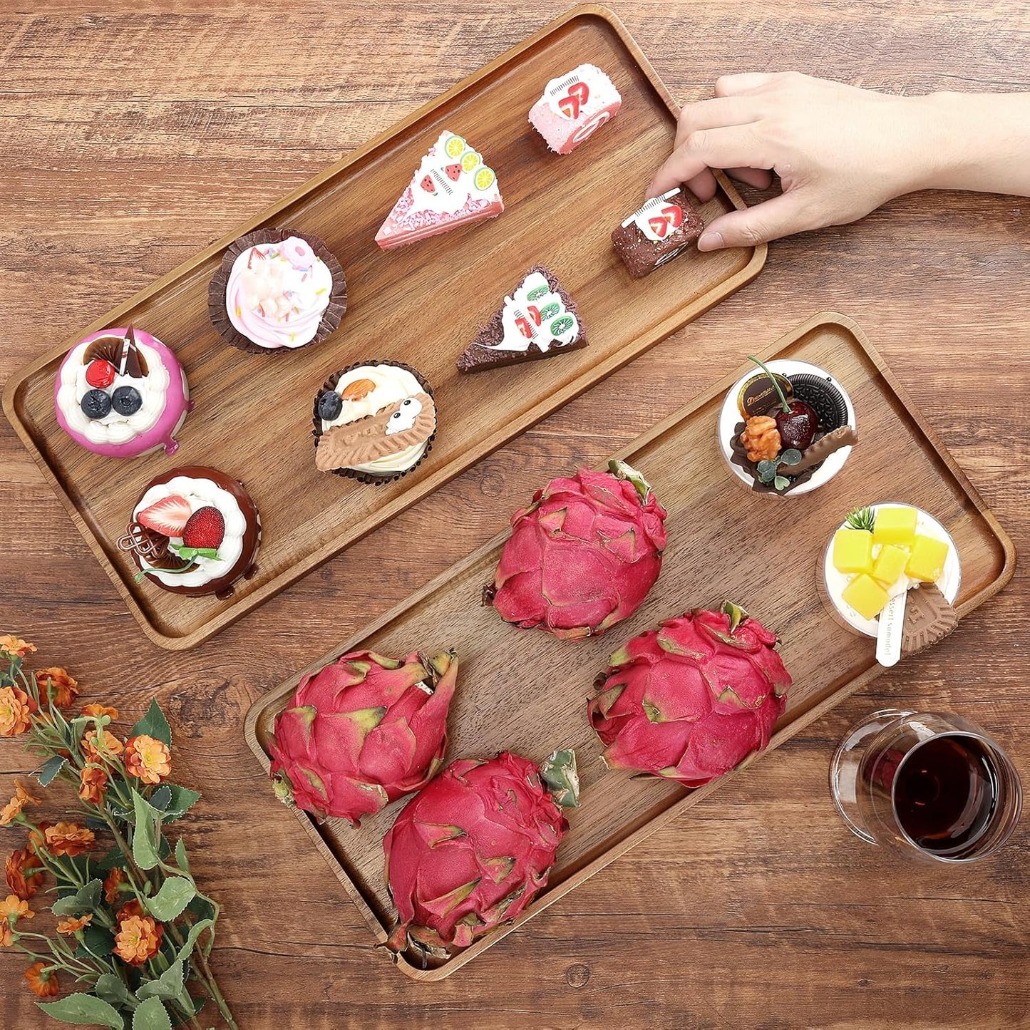 2 pcs 15.7" x 7" Large Solid Acacia Wood Serving Trays Rectangular Wooden Serving Platters Natural Wooden Boards for Bar Coffee Party