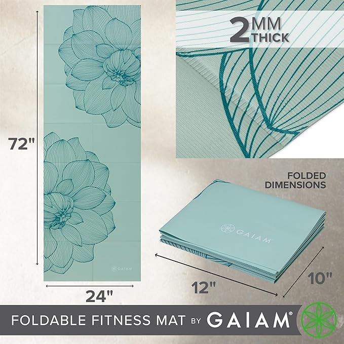 Gaiam Yoga Mat - Folding Travel Fitness & Exercise Mat - Foldable Yoga Mat for All Types of Yoga, Pilates & Floor Workouts (68"L x 24"W x 2mm Thick)