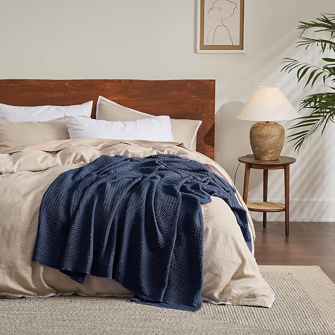 Bedsure 100% Cotton Blanket King Size for Bed - Breathable and Soft, Waffle Weave Blanket for Summer, Thick Cozy Fall Blankets for Women Gift, Pageant Blue, 104x90 inches