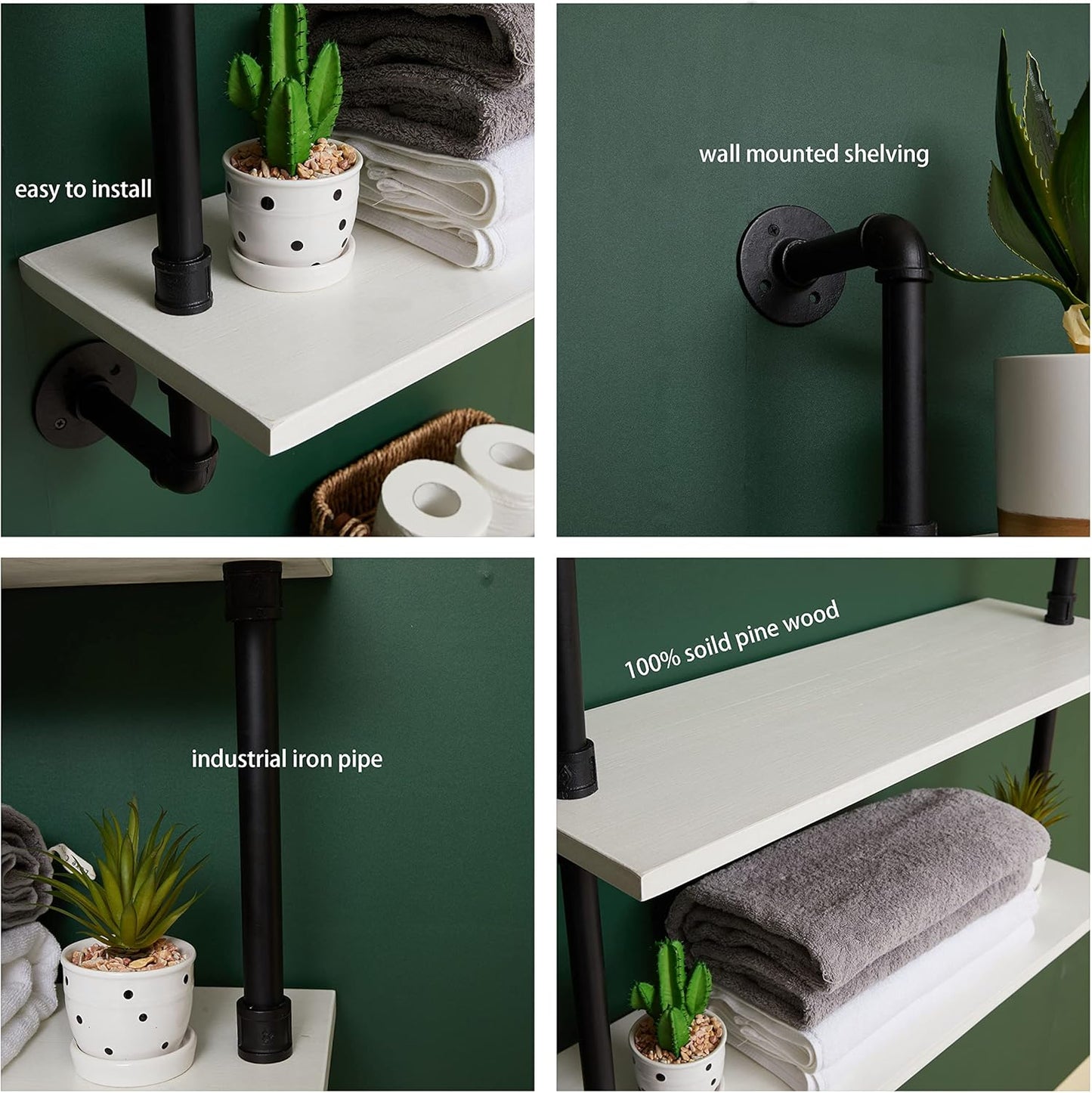 Industrial Pipe Shelving Rustic White Pipe Wall Shelves Industrial Shelves with Wood Planks Floating Shelves 48 Inch Farmhouse Bathroom,Kitchen Shelving Wall Mounted